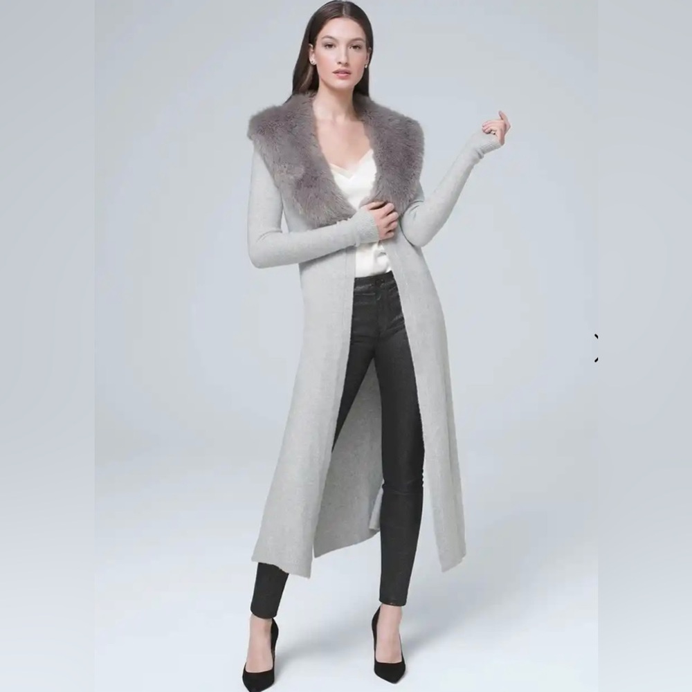 Whbm Soft Duster with Removable Faux- Fur Collar in Gray size L